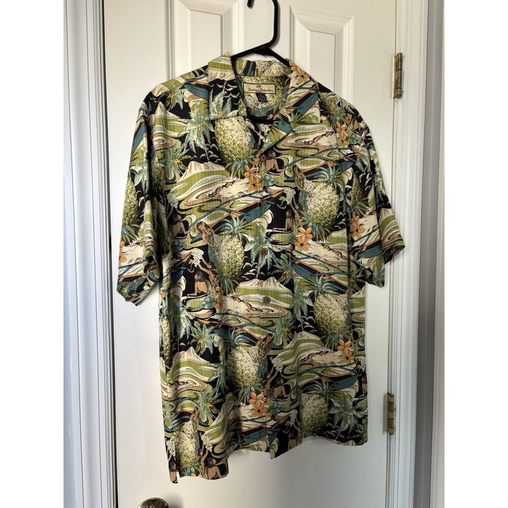 Tommy bahama Men’s Hawaiian Print Silk Shirt resort summer luau dancer pineapple